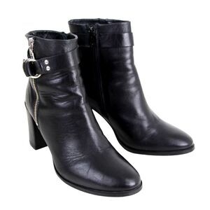 The White Company BLACK GENUINE LEATHER HIGH HEEL BELTED ZIP ANKLE BOOTS Size 38